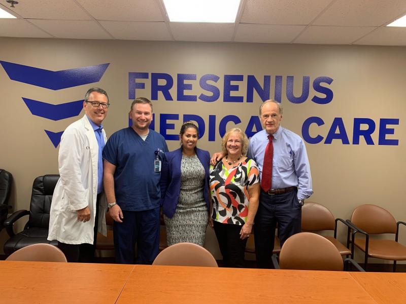 Sen. Tom Carper met with Fresenius Kidney Care team members during his Aug. 22 visit to the Milford facility. Shown are (l-r) Dr. Jeffrey Milan, medical director; Andrew Neilio, clinic manager; Taleen Mekhdjavakian, senior director government affairs; Barmeta “Barney” Smith, nurse practitioner; and Carper. SUBMITTED PHOTO